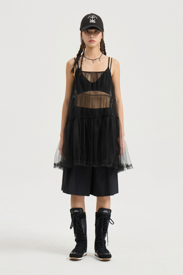 LUCKY CHOUETTE - 블라우스 - Shirring Mesh Top Blouse (black)