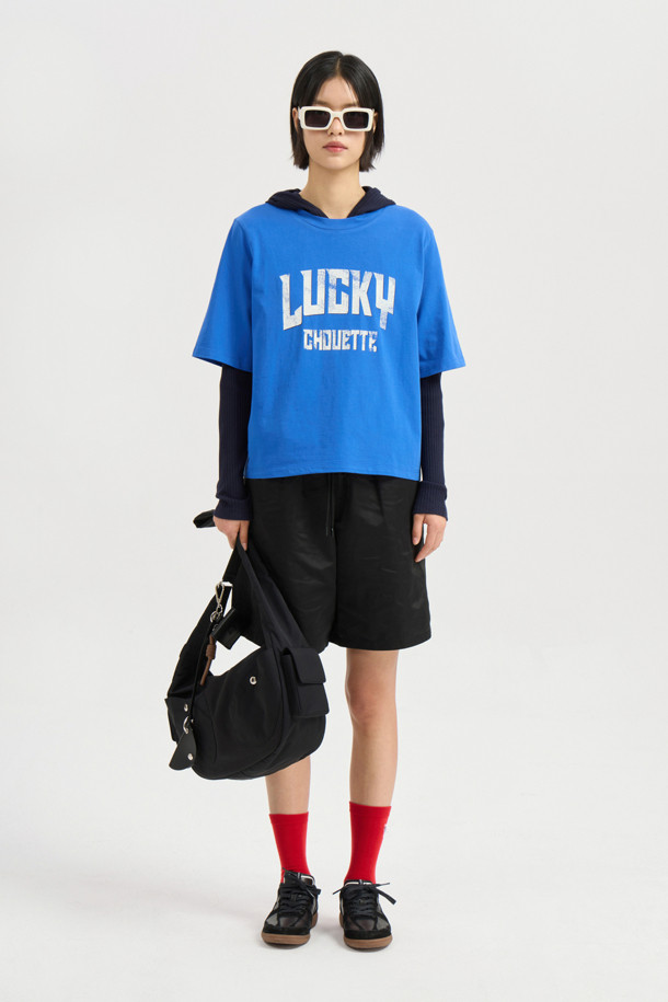 LUCKY CHOUETTE - 반소매 티셔츠 - Lucky Lettering Loose Fit Half Sleeve T-shirt (blue)