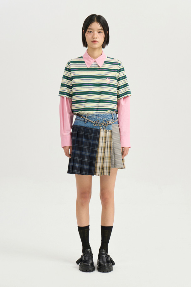 LUCKY CHOUETTE - 반소매 티셔츠 - Embroidery Point Stripe Half Sleeve T-shirt (green)