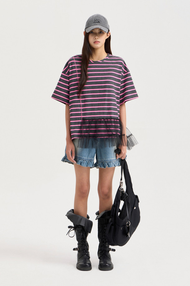 LUCKY CHOUETTE - 반소매 티셔츠 - Mesh Stripe Half Sleeve T-shirt (dark grey)