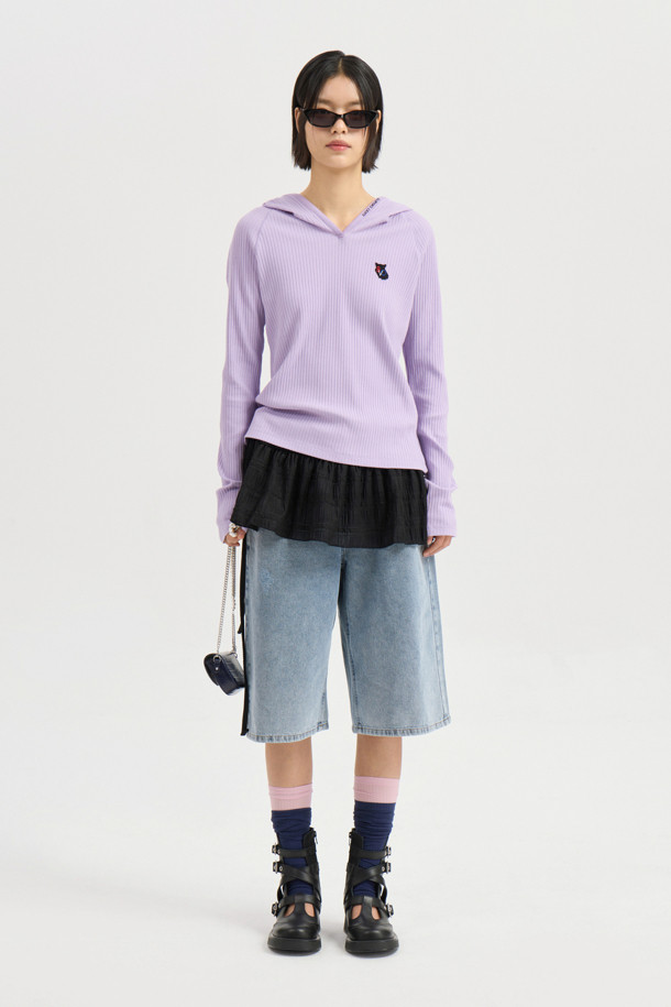 LUCKY CHOUETTE - 후디 - [Re-Order] Embroidered Point Rib Hooded T-shirt (violet)