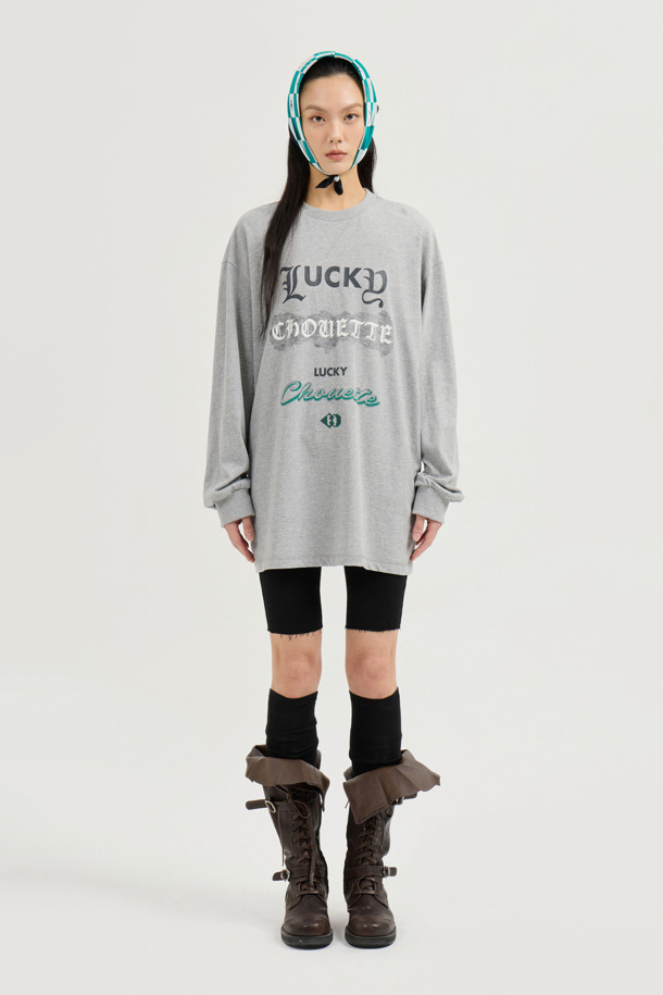 LUCKY CHOUETTE - 긴소매 티셔츠 - Print Point Long Length Long-Sleeved T-Shirt (melange grey)