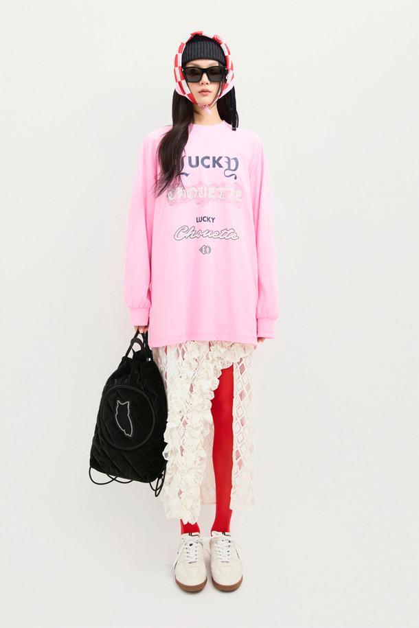 LUCKY CHOUETTE - 긴소매 티셔츠 - Print Point Long Length Long-Sleeved T-Shirt (pink)