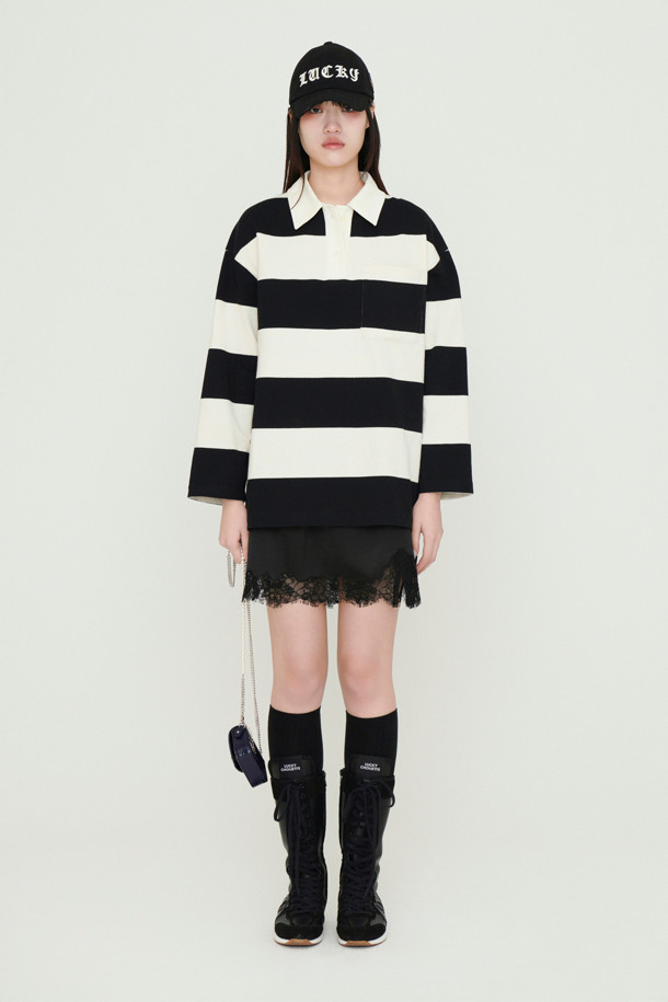 LUCKY CHOUETTE - 긴소매 티셔츠 - Stripe Collar Long Sleeve T-shirt (black)