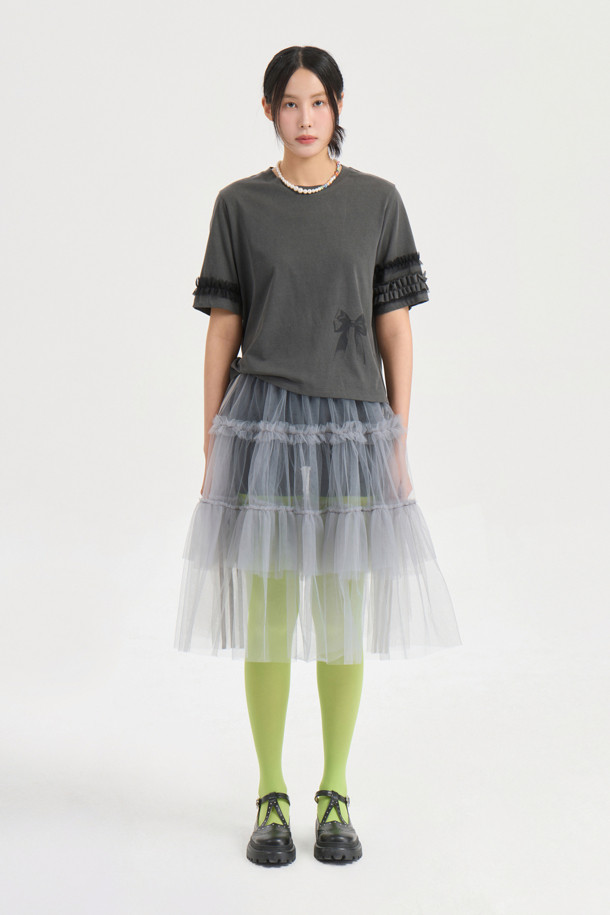 LUCKY CHOUETTE - 반소매 티셔츠 - Frill Half Sleeve T-shirt (dark grey)