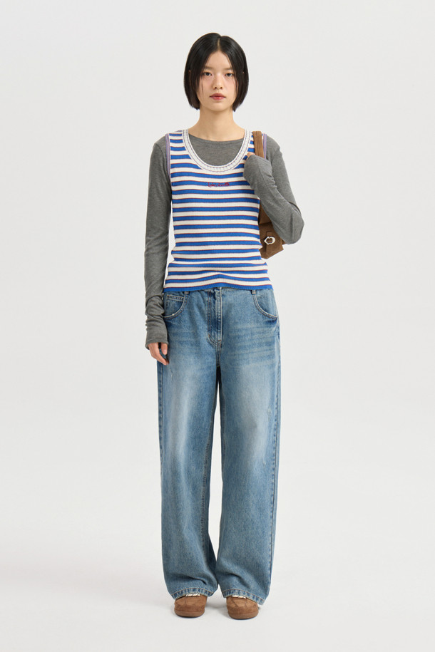 LUCKY CHOUETTE - 스웨터 - Stripe Knit Sleeveless Pullover (blue)