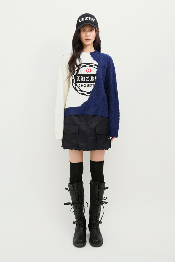 LUCKY CHOUETTE - 스웨터 - Half Color Cable Mix Knit Pullover (ivory)