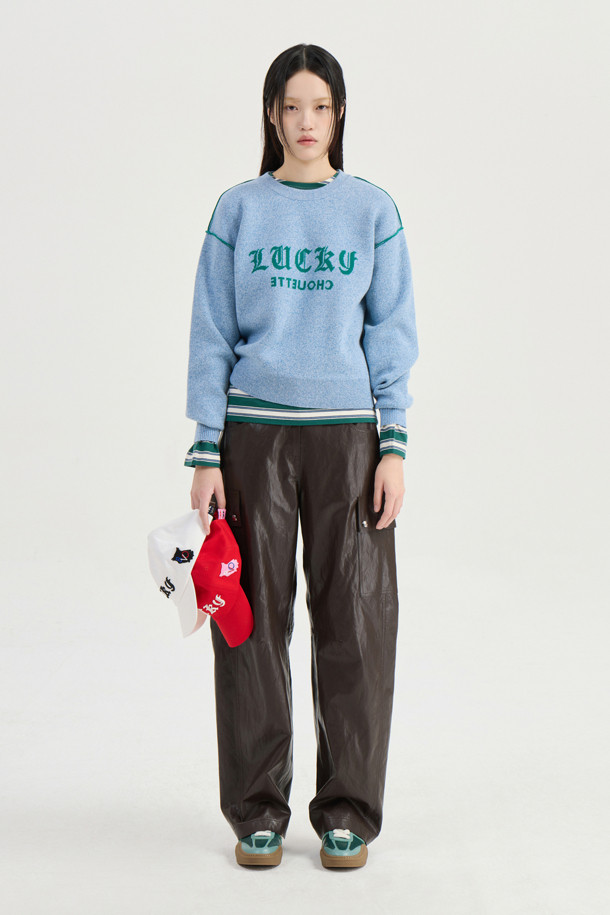 LUCKY CHOUETTE - 스웨터 - Reversible Lettering Round Neck Knit Pullover (blue)