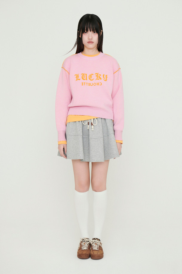 LUCKY CHOUETTE - 스웨터 - Reversible Lettering Round Neck Knit Pullover (pink)