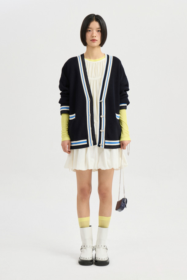 LUCKY CHOUETTE - 가디건 - Color Line Back Lettering Knit Cardigan (dark navy)