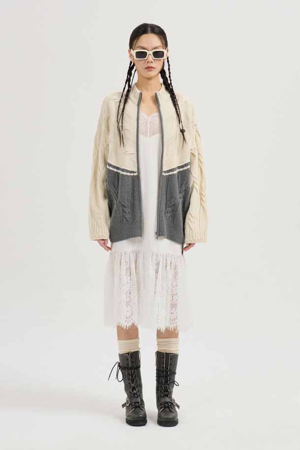 LUCKY CHOUETTE - 가디건 - Half Colored Cable Jumper-Type Knit Cardigan (ivory)