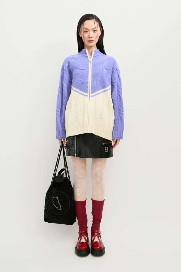 LUCKY CHOUETTE - 가디건 - Half Colored Cable Jumper-Type Knit Cardigan (violet)