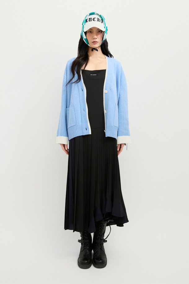 LUCKY CHOUETTE - 가디건 - Sleeve Ribbon Detail V-Neck Cardigan (blue)