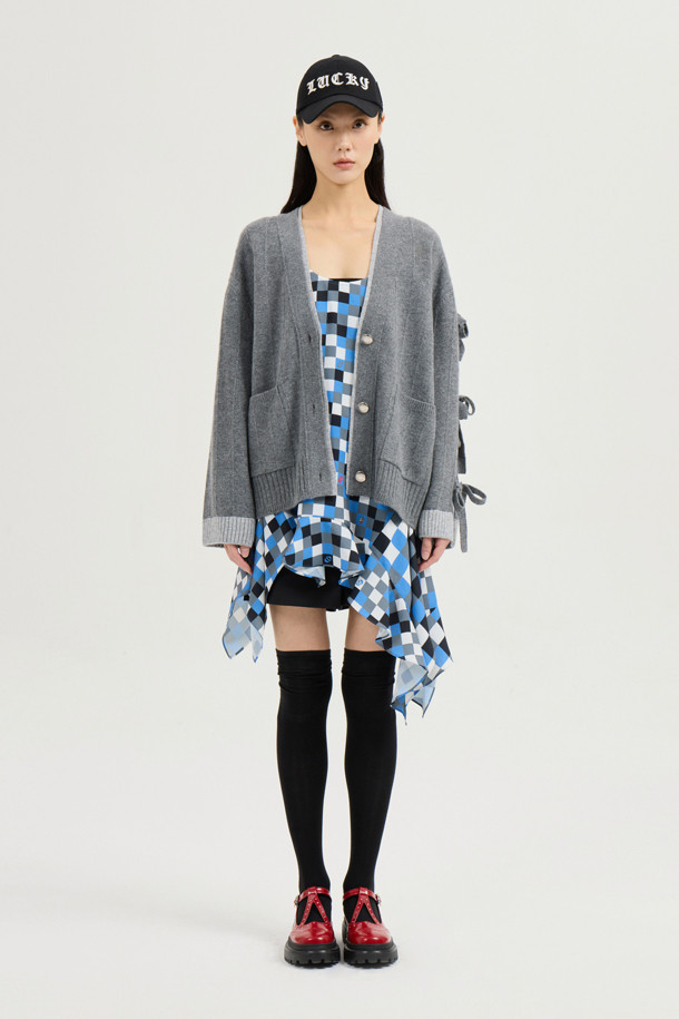 LUCKY CHOUETTE - 가디건 - Sleeve Ribbon Detail V-Neck Cardigan (melange grey)