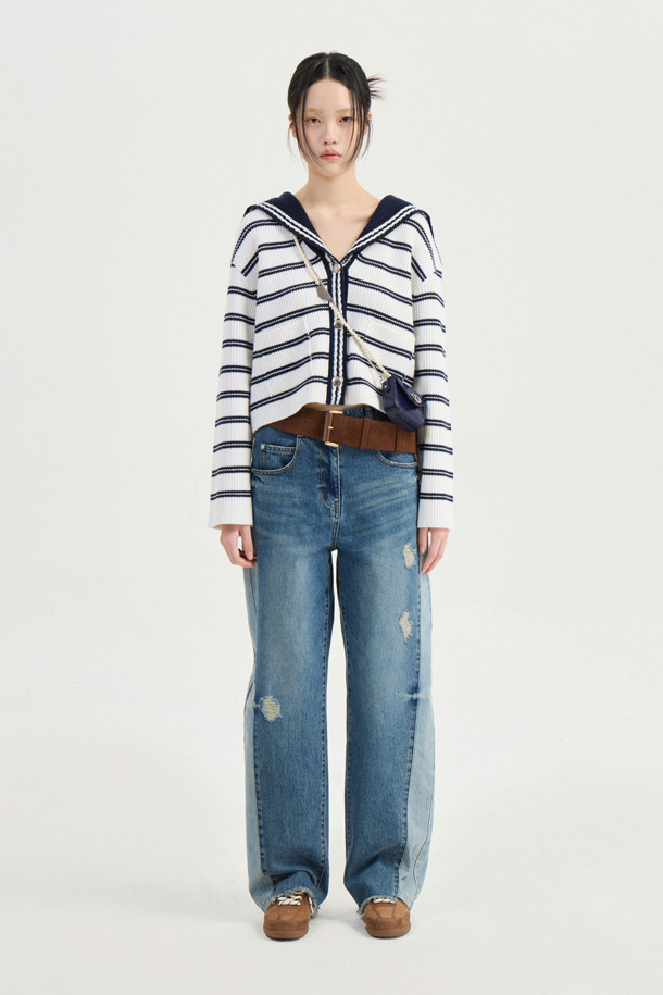 LUCKY CHOUETTE - 가디건 - Stripe Crop Knit Cardigan (ivory)