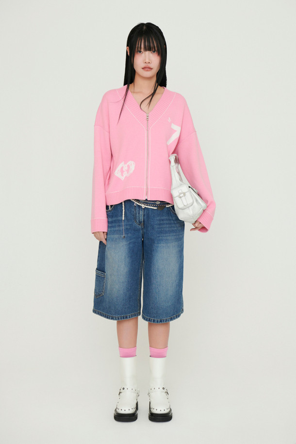 LUCKY CHOUETTE - 가디건 - V-neck Zip-up Knit Cardigan (pink)