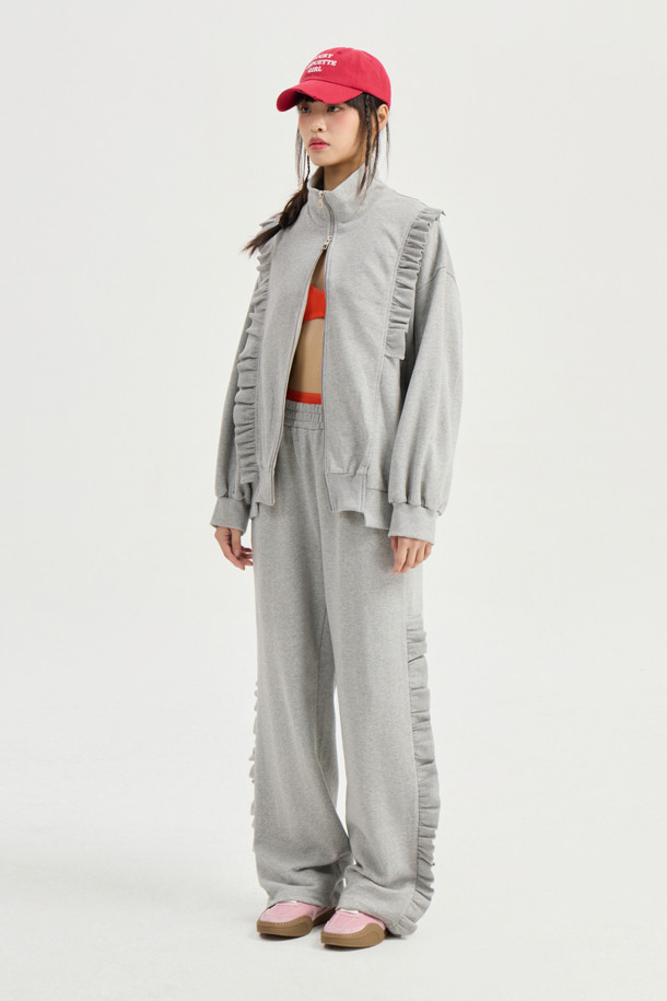 LUCKY CHOUETTE - 롱/미디팬츠 - [Online-Exclusive] Frill-pointed Jersey Banding Pants (dark grey)