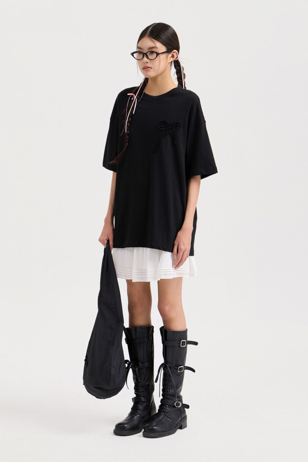 LUCKY CHOUETTE - 반소매 티셔츠 - Chouetties by LUCKY CHOUETTE_Ribbon Point Loose Fit Half Sleeve T-shirt (black)
