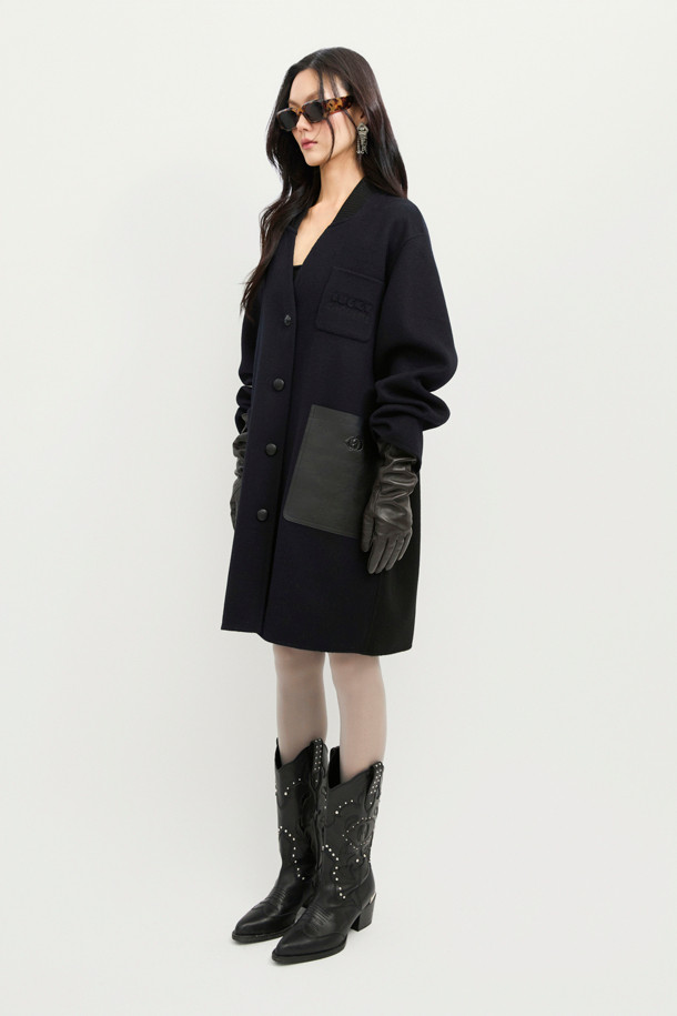 LUCKY CHOUETTE - 코트 - [Handmade] Collarless Leather Pocket Coat (dark navy)