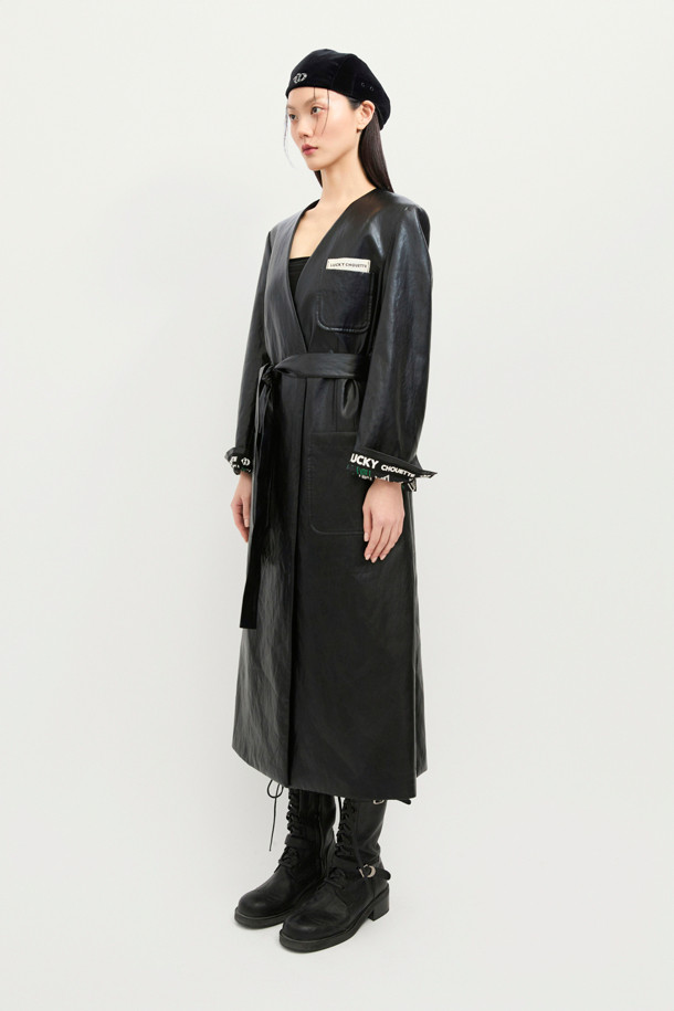 LUCKY CHOUETTE - 코트 - Fake Leather Long Fabric Belt Coat (black)