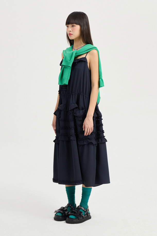 LUCKY CHOUETTE - 민소매 원피스 - Frill Slip Long Dress (dark navy)
