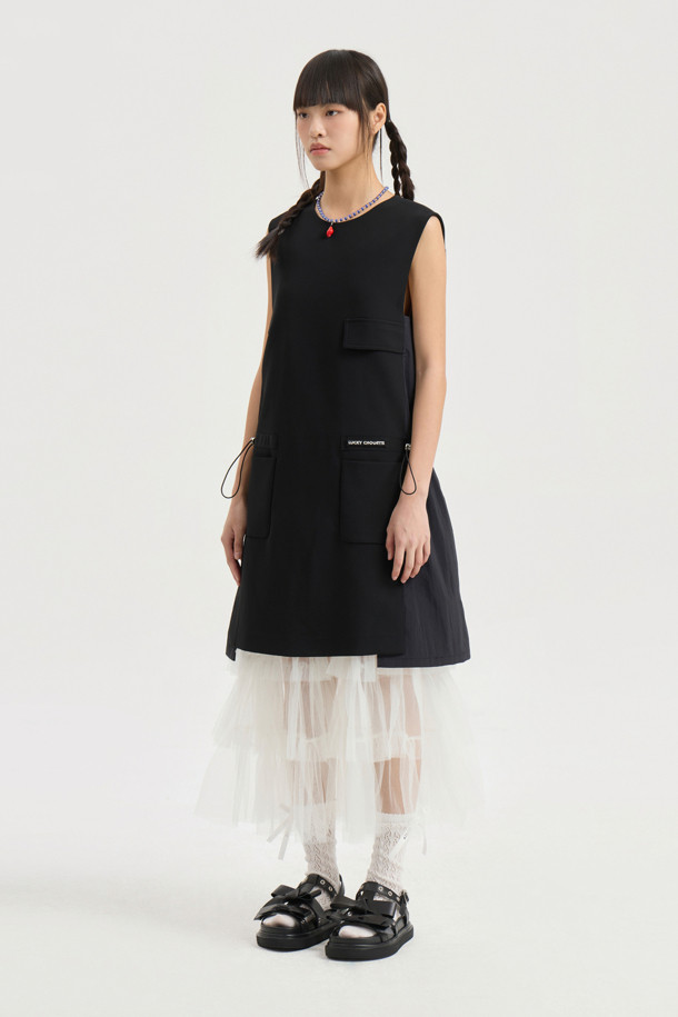 LUCKY CHOUETTE - 민소매 원피스 - Texture Mix Mini Dress (black)