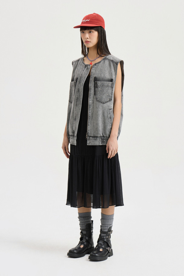 LUCKY CHOUETTE - 민소매 원피스 - Tuck Slip Dress (black)