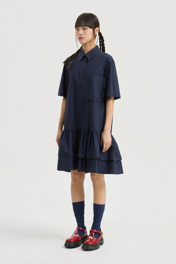LUCKY CHOUETTE - 반소매 원피스 - Hem Frill Half Sleeve Cotton Shirt Dress (dark navy)