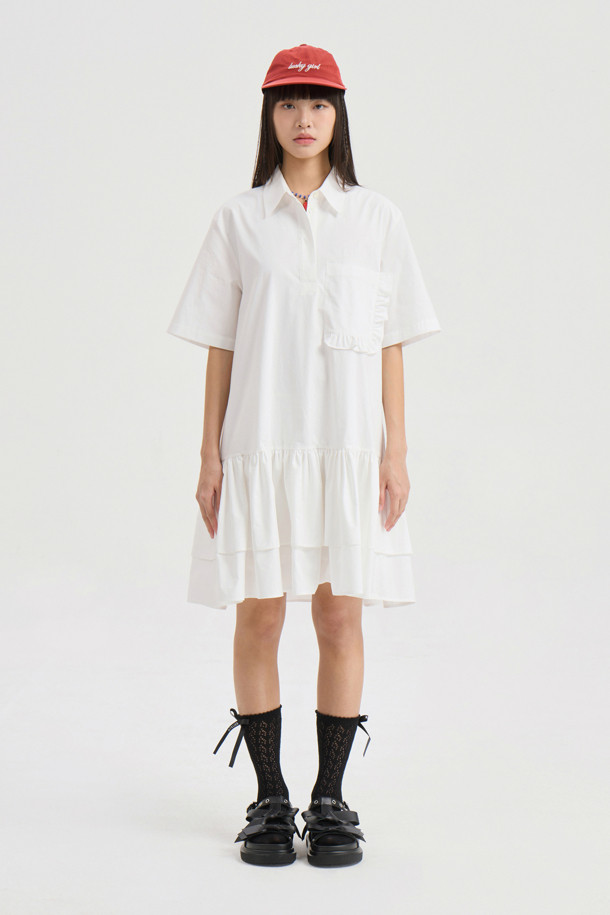 LUCKY CHOUETTE - 반소매 원피스 - Hem Frill Half Sleeve Cotton Shirt Dress (white)