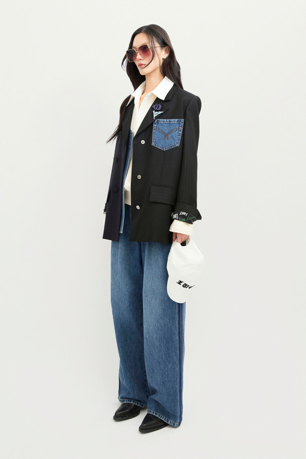 LUCKY CHOUETTE - 자켓 - [Re-Order] Denim Patch Stripe Color Jacket (black)