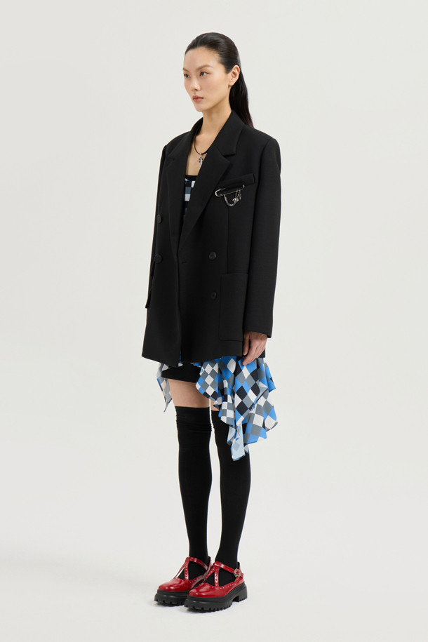 LUCKY CHOUETTE - 자켓 - Solid Brooch Double Jacket (dark black)