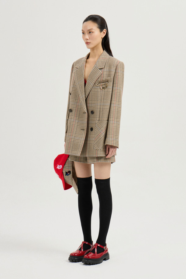 LUCKY CHOUETTE - 자켓 - Check Brooch Double Jacket (beige)