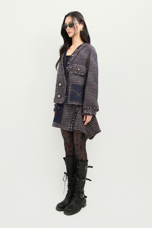 LUCKY CHOUETTE - 자켓 - Denim Patch Eyelet Pocket Tweed Jacket (dark navy)