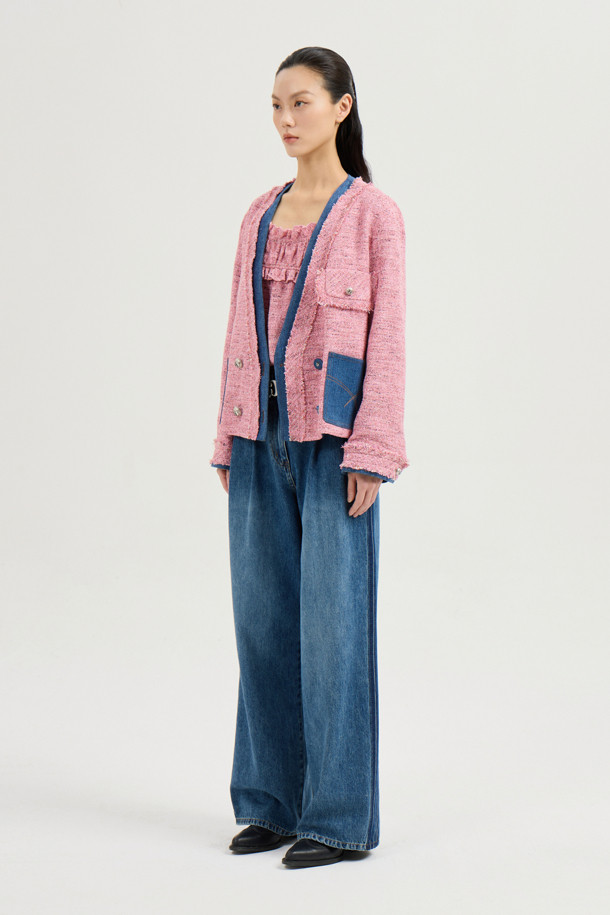 LUCKY CHOUETTE - 자켓 - Denim Patch Eyelet Pocket Tweed Jacket (pink)