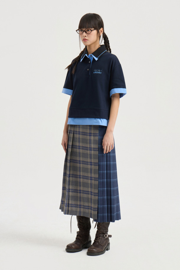 LUCKY CHOUETTE - 롱스커트 - Check Mix Long Pleats Skirt (multi color)