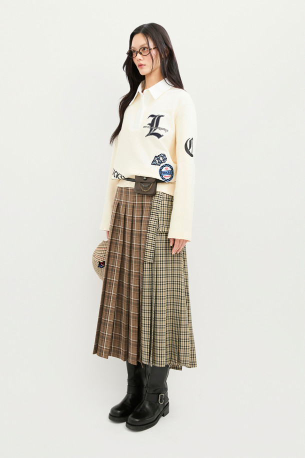 LUCKY CHOUETTE - 롱스커트 - Checkered MIX Pleated Long Skirt (beige)