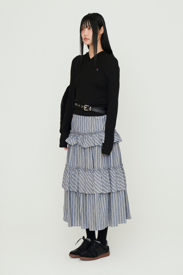 LUCKY CHOUETTE - 롱스커트 - Shirring Stripe Back Banding Long Skirt (blue)