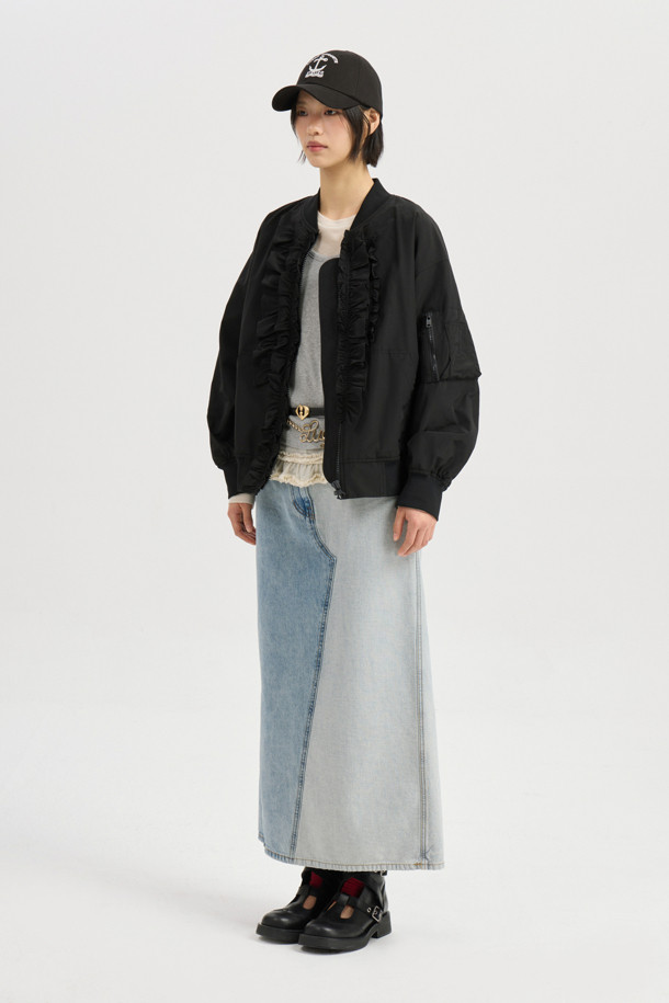 LUCKY CHOUETTE - 롱스커트 - Back Banding Color Block Long Denim Skirt (blue)