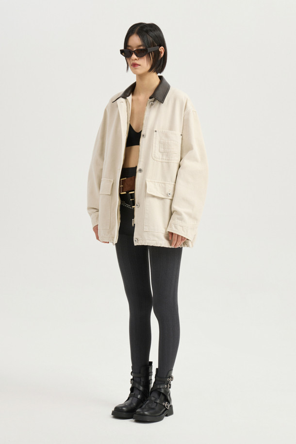 LUCKY CHOUETTE - 점퍼 - Fake Leather Collar Denim Jumper (ivory)