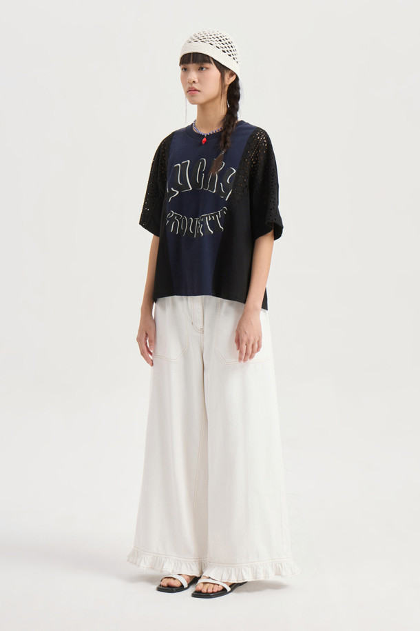LUCKY CHOUETTE - 롱/미디팬츠 - Hem Frill Back Banding Wide Denim Pants (white)
