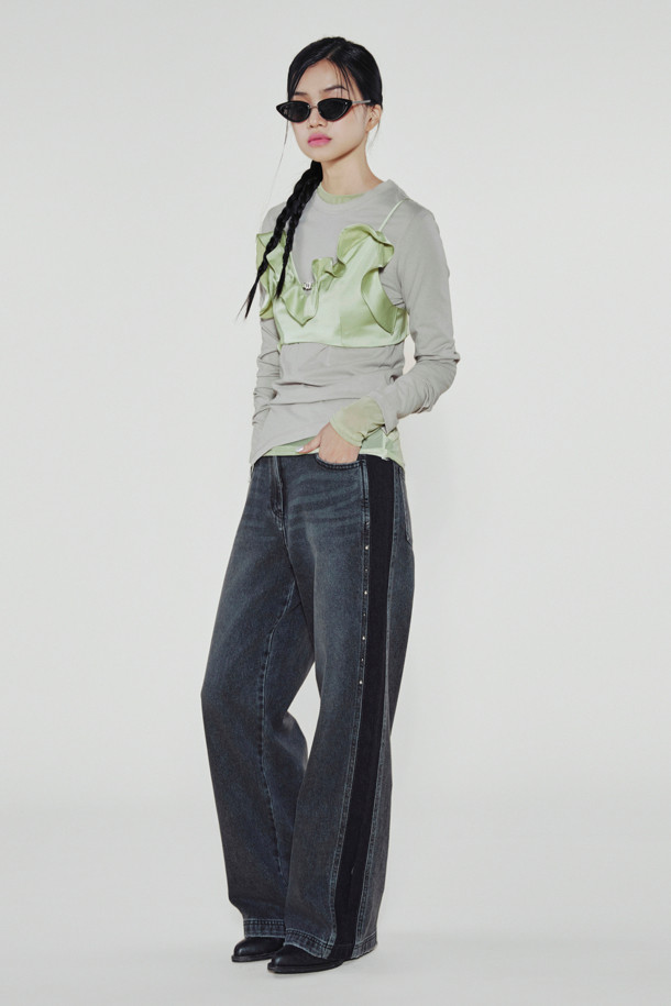 LUCKY CHOUETTE - 롱/미디팬츠 - [Holiday Edition] Stud Decorated Denim Pants (dark grey)