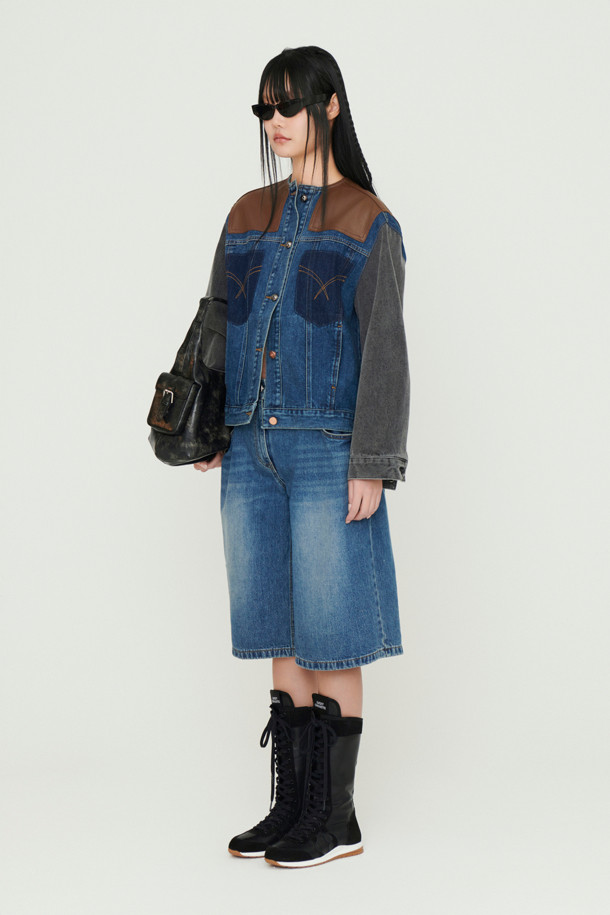 LUCKY CHOUETTE - 점퍼 - Fake Leather Color Block Denim Jacket (blue)