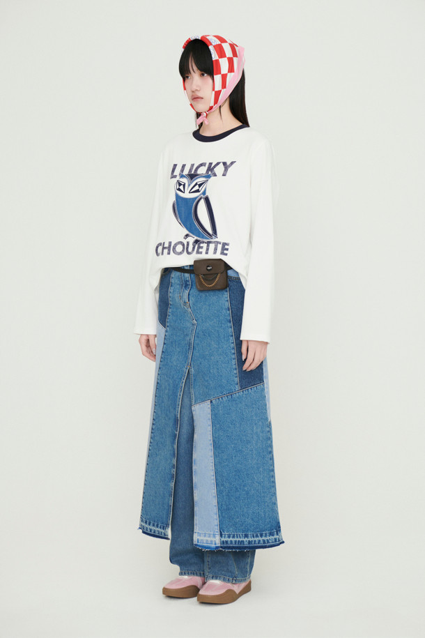 LUCKY CHOUETTE - 롱스커트 - Color Patch Denim Long Skirt (blue)