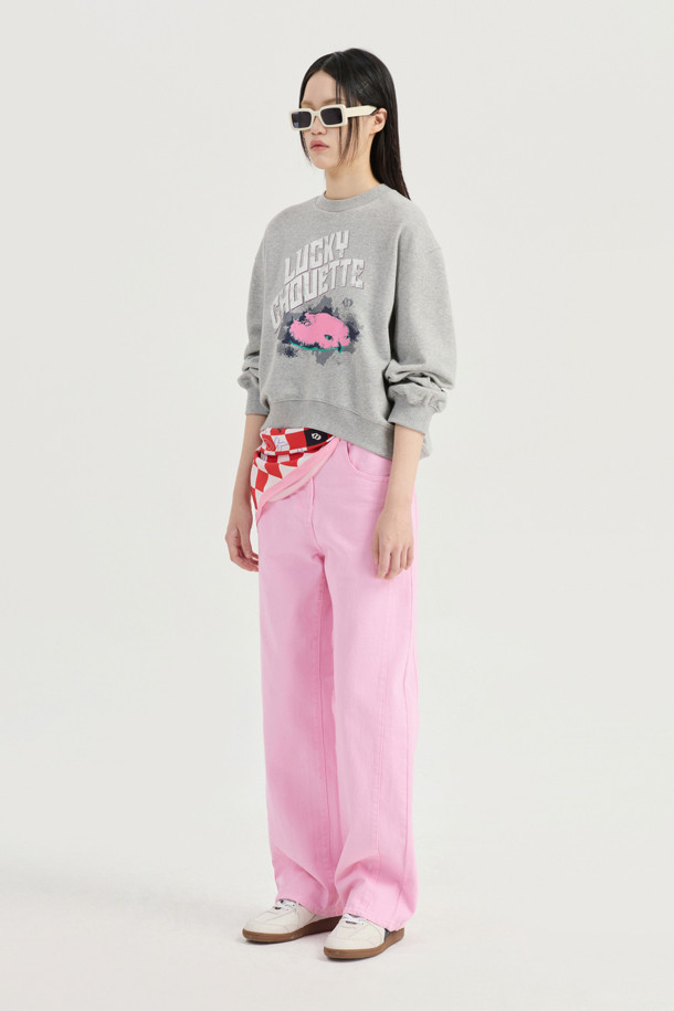 LUCKY CHOUETTE - 롱/미디팬츠 - Waist Coloring Cocoon Fit Denim Pants (pink)