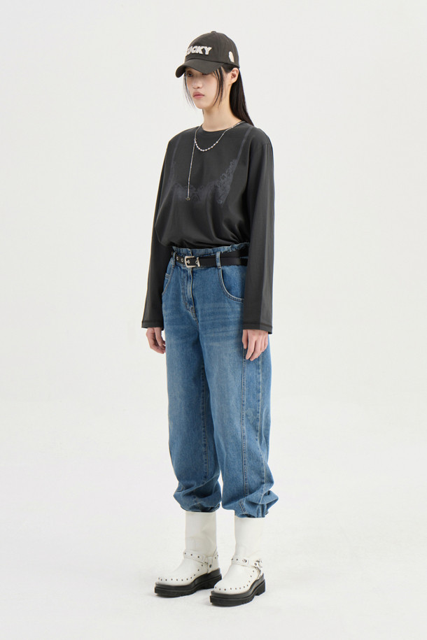 LUCKY CHOUETTE - 롱/미디팬츠 - Waist Banding Denim Pants (blue)