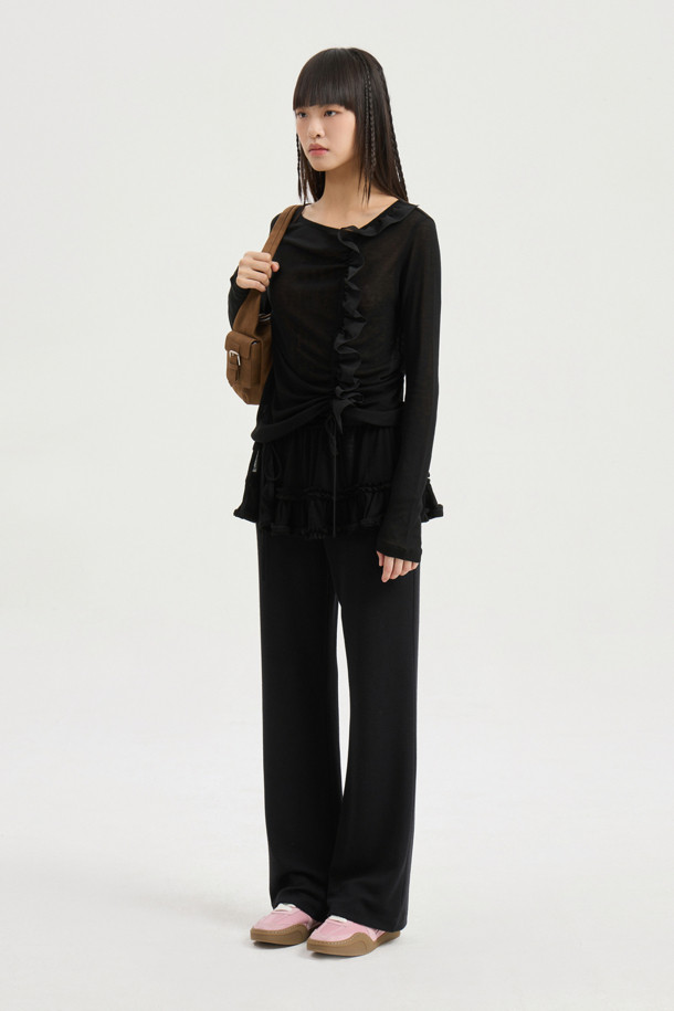 LUCKY CHOUETTE - 롱/미디팬츠 - Frill Overlap Jersey Banding Pants (black)