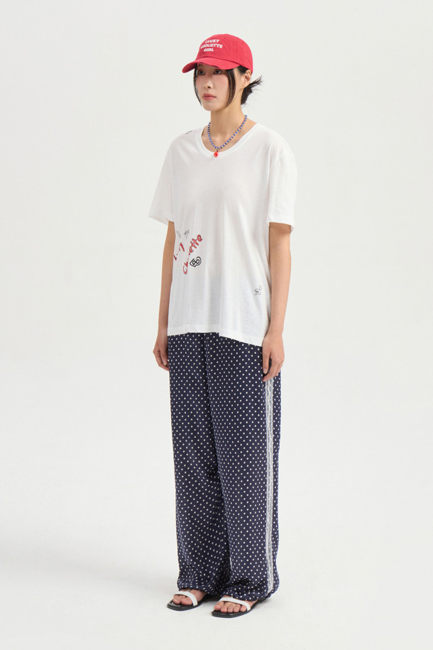 LUCKY CHOUETTE - 롱/미디팬츠 - [Re-Order] Dot Print Jogger Banding Pants (navy)