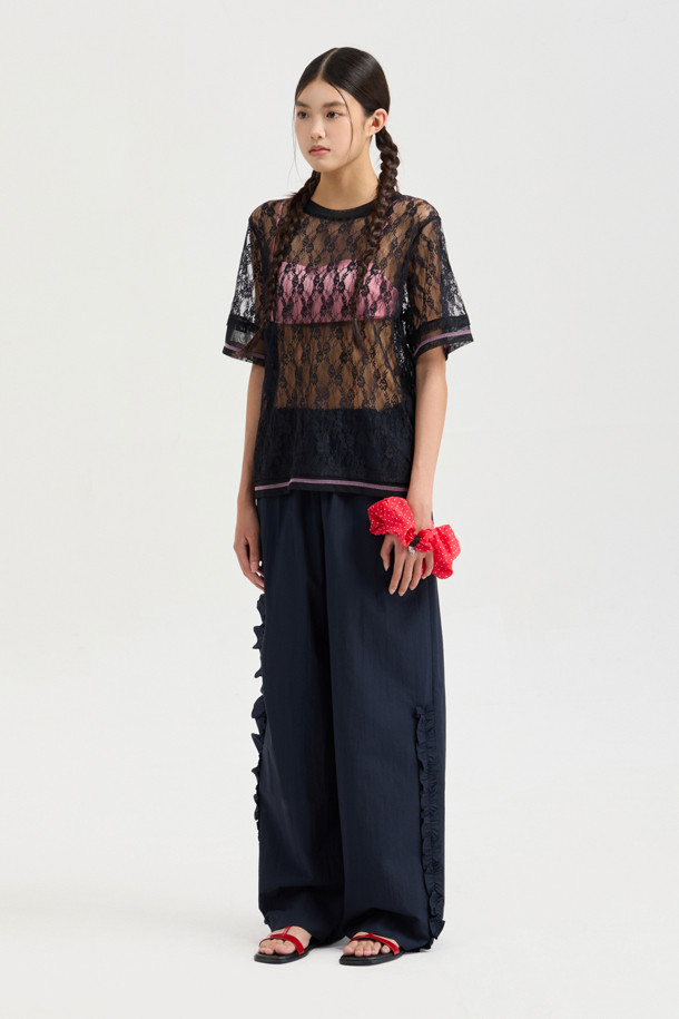 LUCKY CHOUETTE - 롱/미디팬츠 - Frill Point Banding Pants (dark navy)