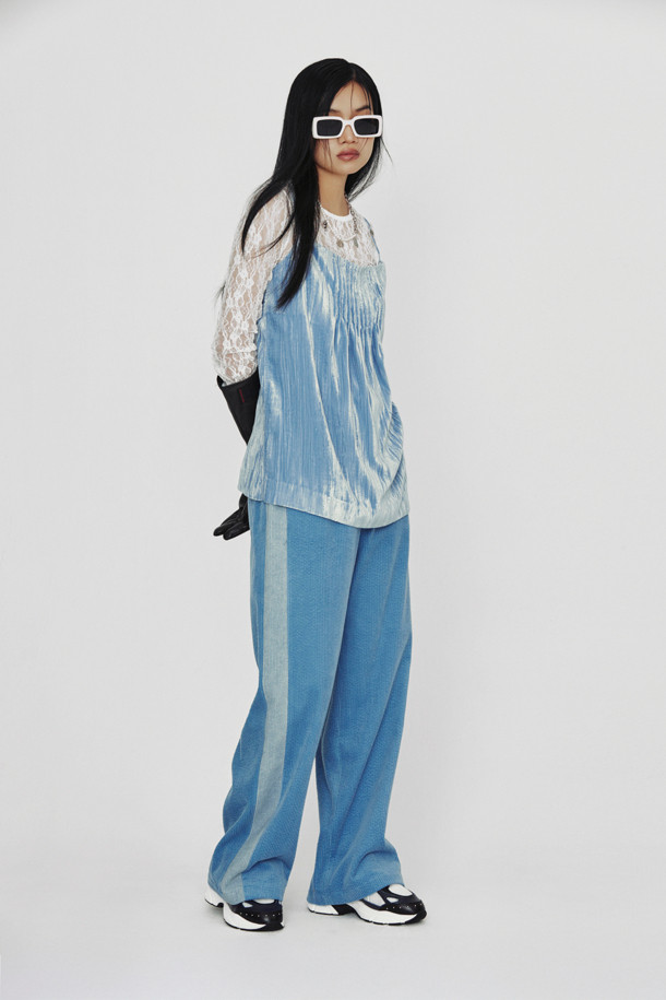 LUCKY CHOUETTE - 롱/미디팬츠 - [Holiday Edition] Side Color Corduroy Banding Pants (light blue)