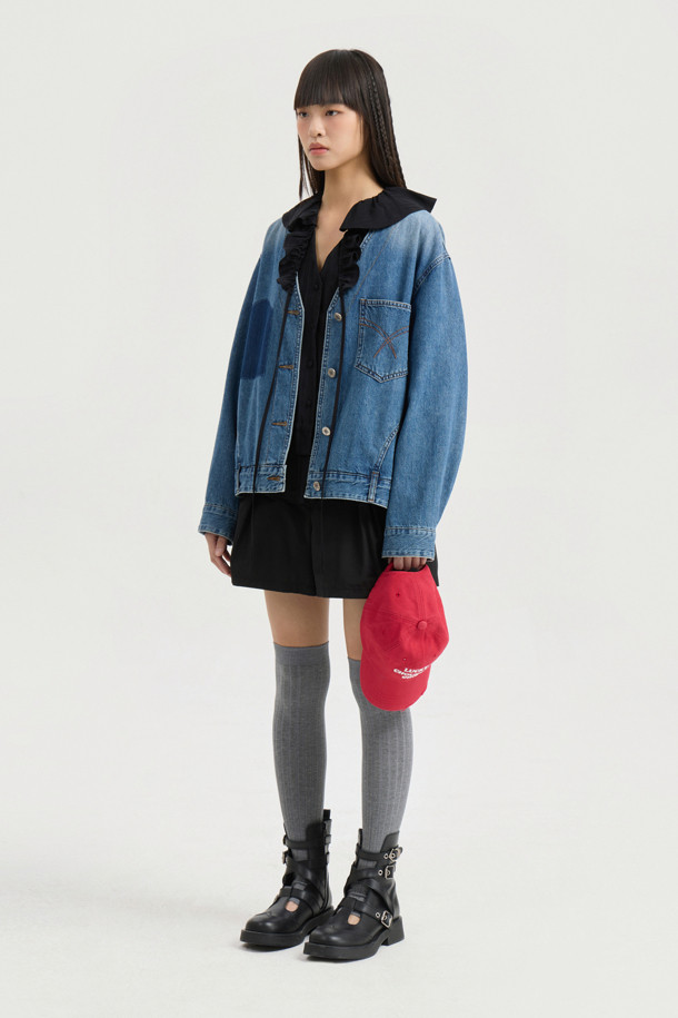 LUCKY CHOUETTE - 블라우스 - Full Open Frill Half Sleeve Blouse (black)